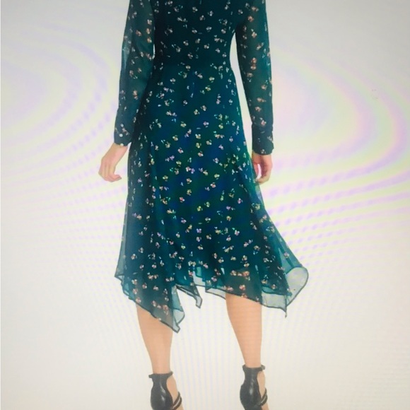 DKNY-DONNA KAREN Dress Handkerchief Hem High Neck Belted Green Floral Sz 16 - Picture 13 of 13